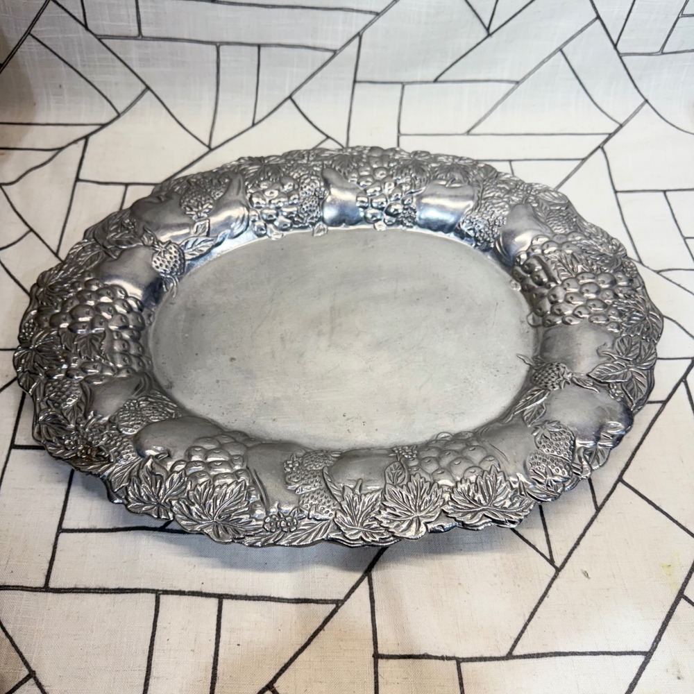 Dansk Serving Platter 19.5in Silver Fruit Embossed Oval Tray Metalware